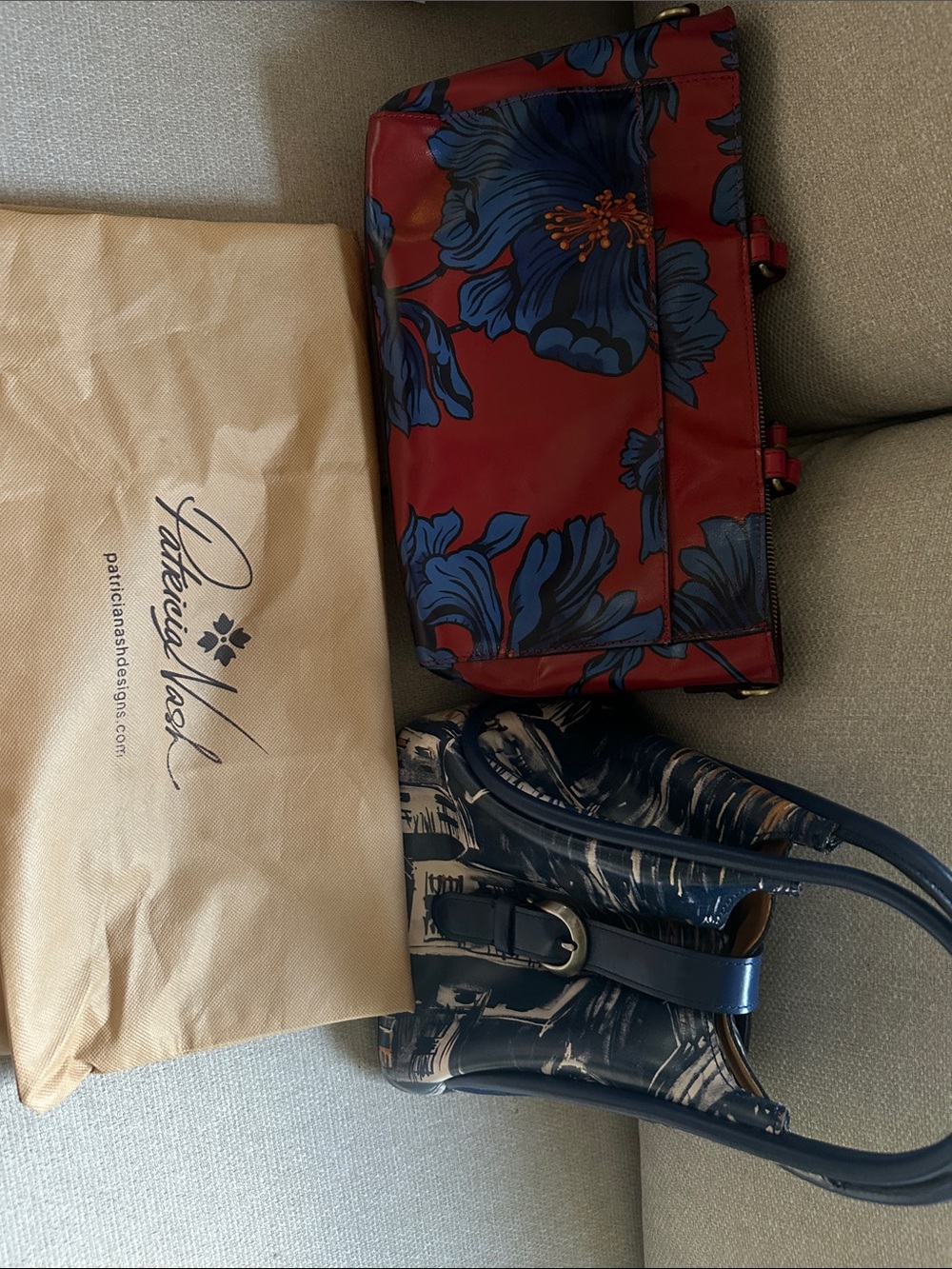 Patricia Nash Red Leather Shoulder Bag with Blue Floral Print